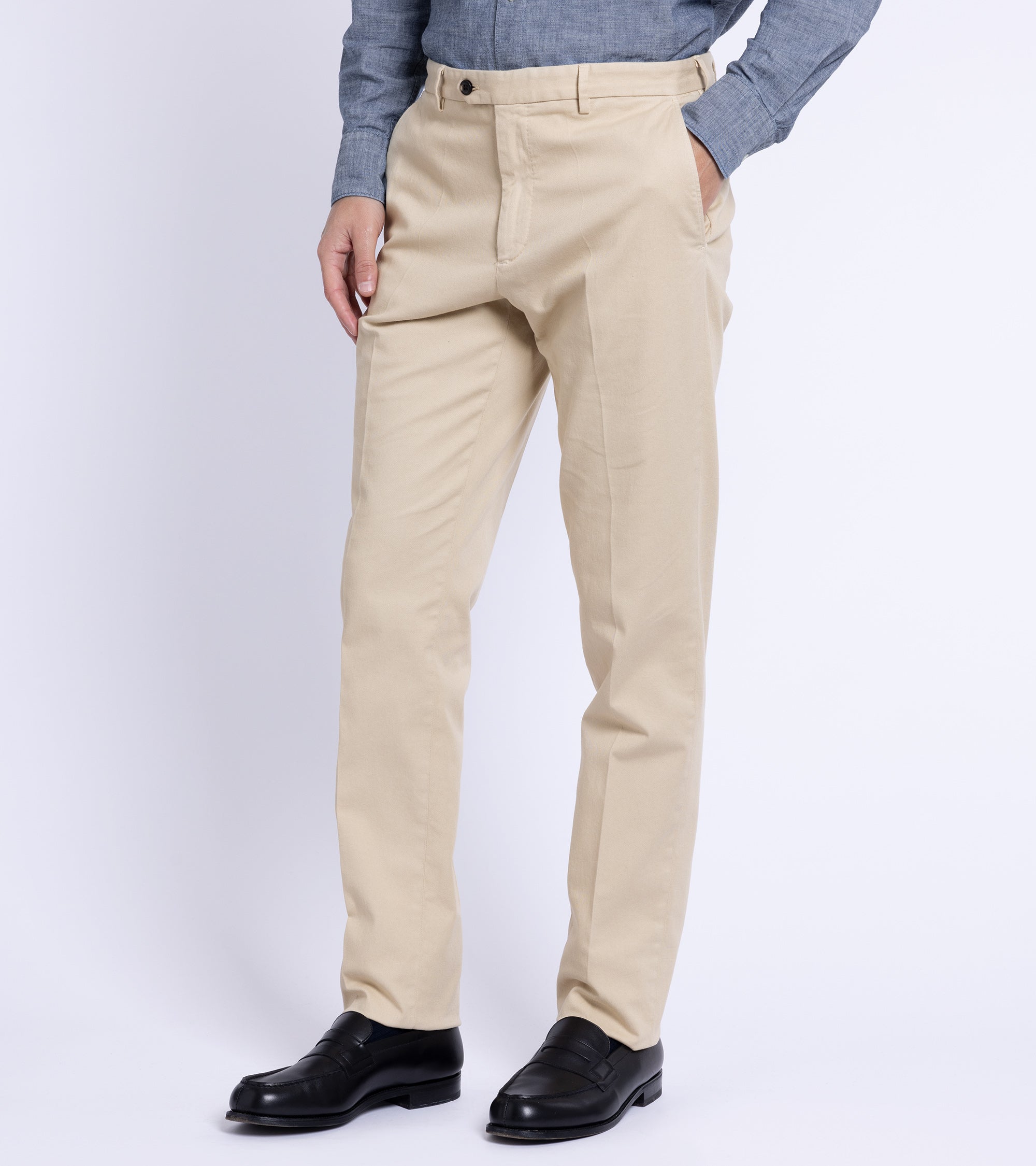 Trunk Palmer flat front trousers in sand, styled shot.