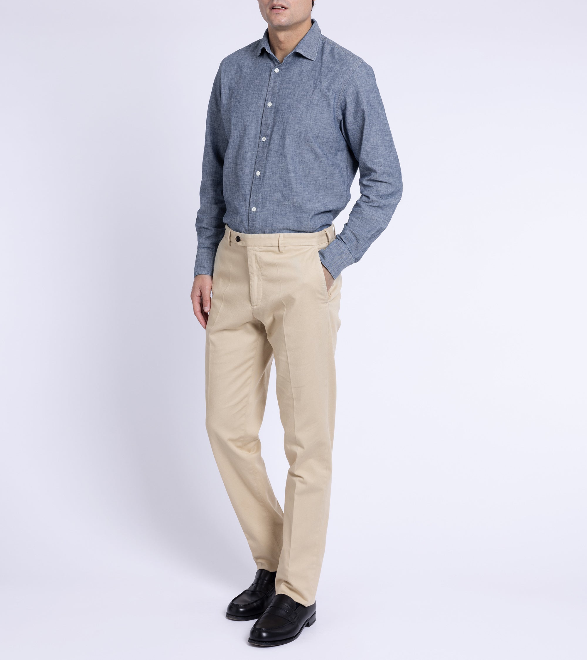 Trunk Palmer flat front trousers in sand, styled shot.