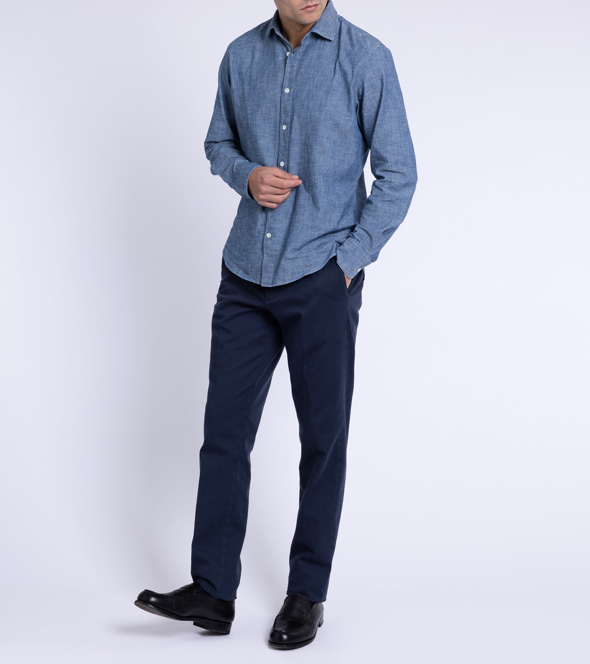Trunk Palmer flat front trousers in light navy, styled shot.