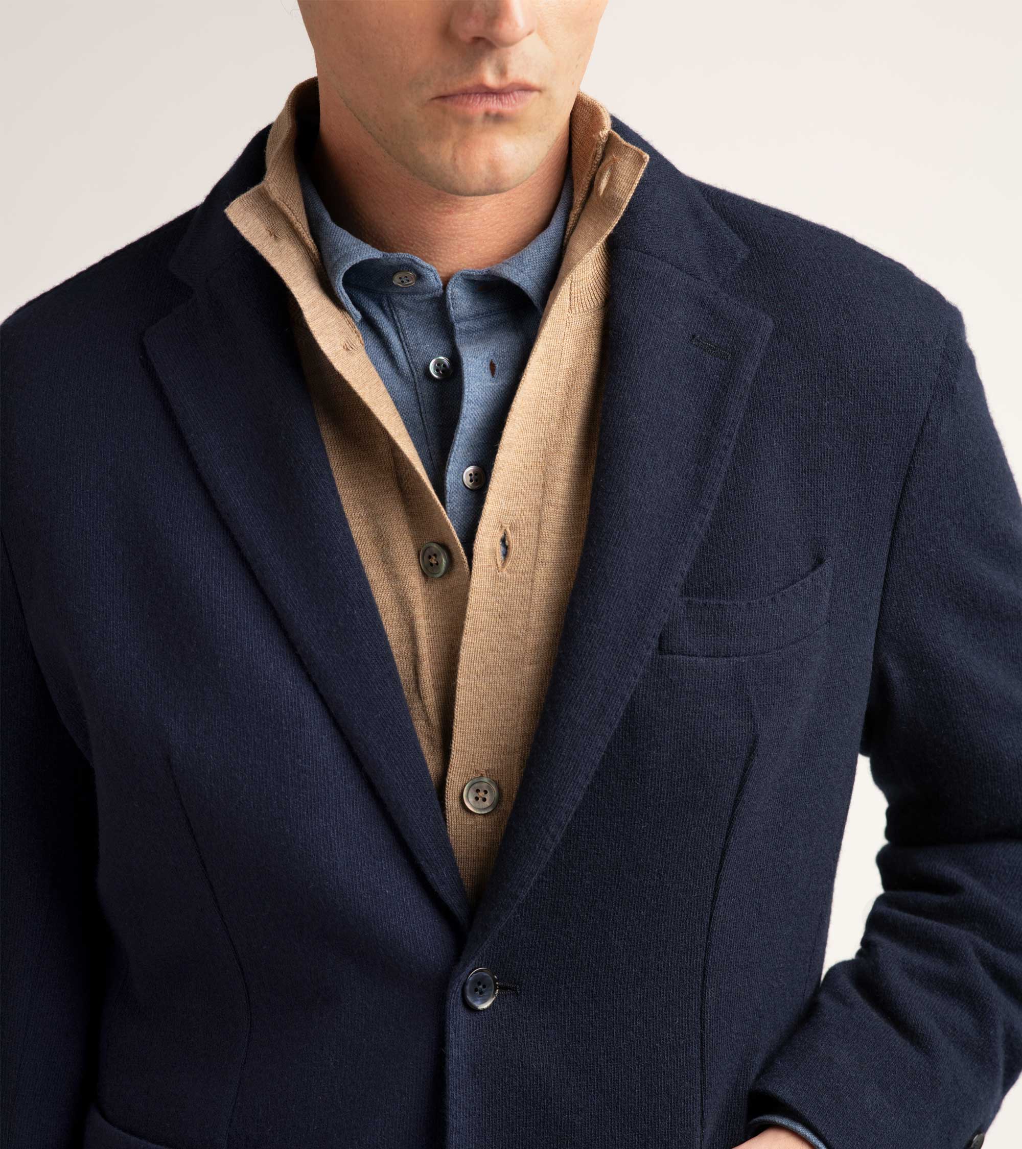 Trunk Moxon long sleeve polo shirt in blue marl, styled shot.