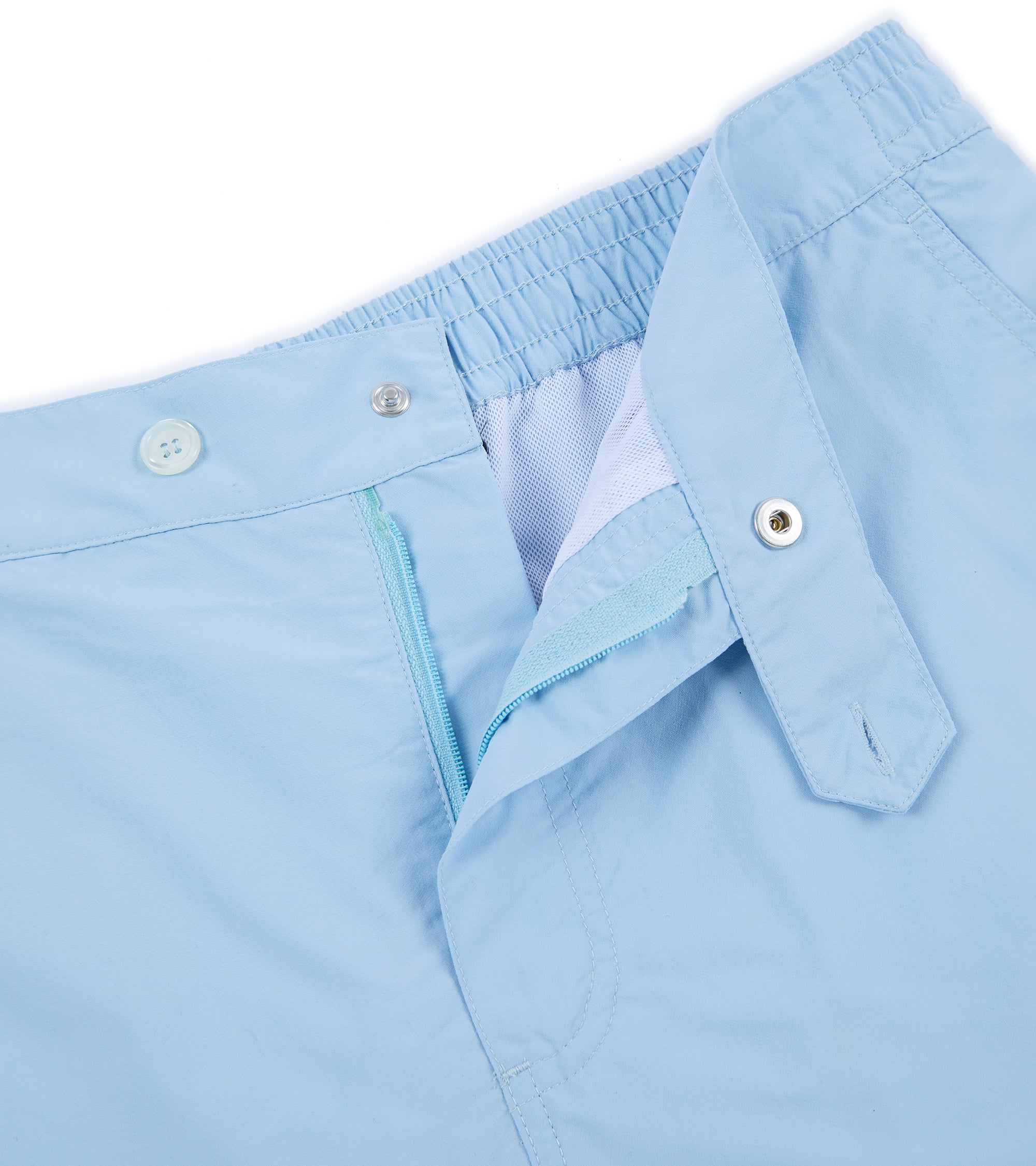Trunk Foley swim shorts in light blue, back view.