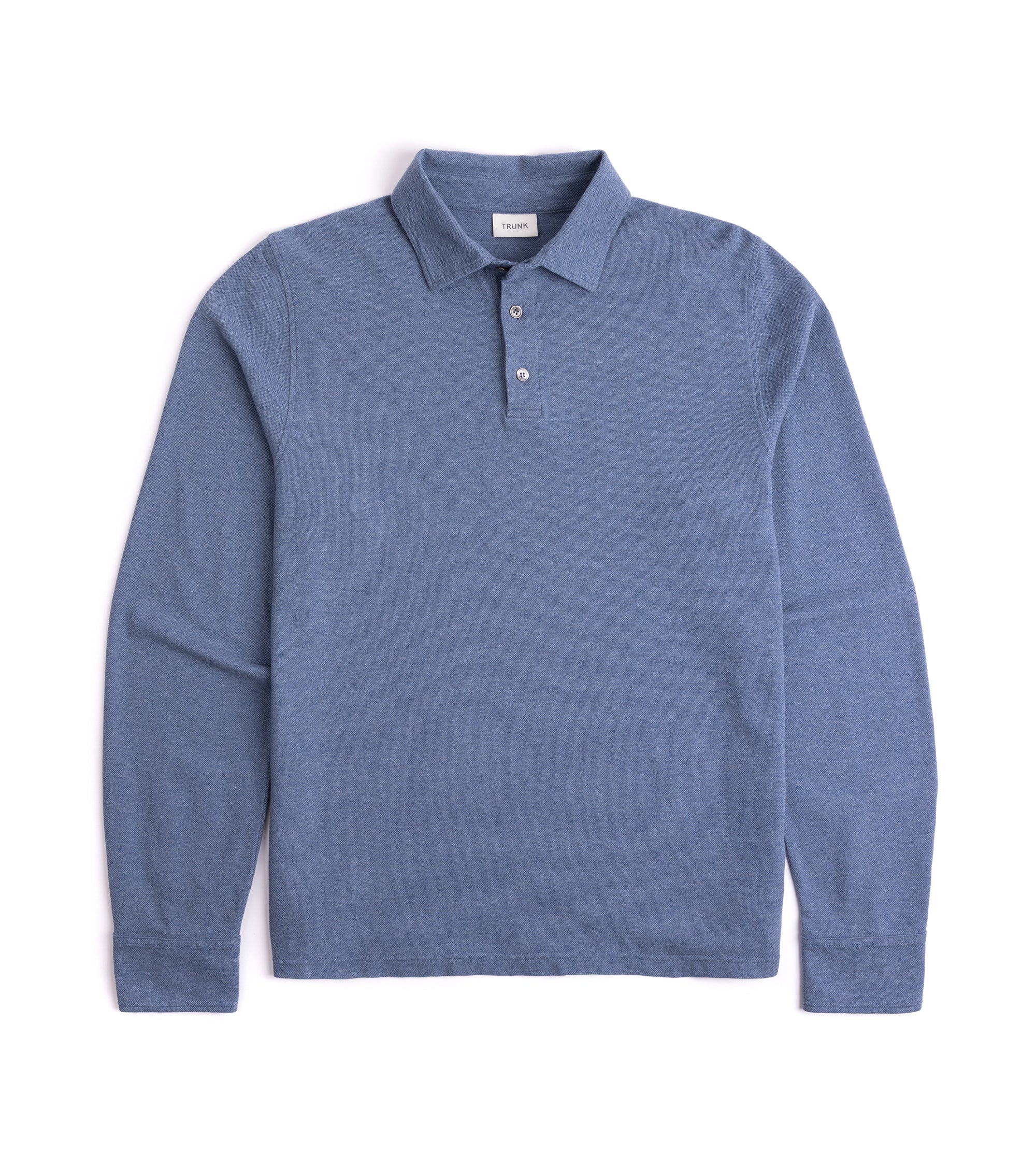Trunk Moxon long sleeve polo shirt in blue marl, front view.