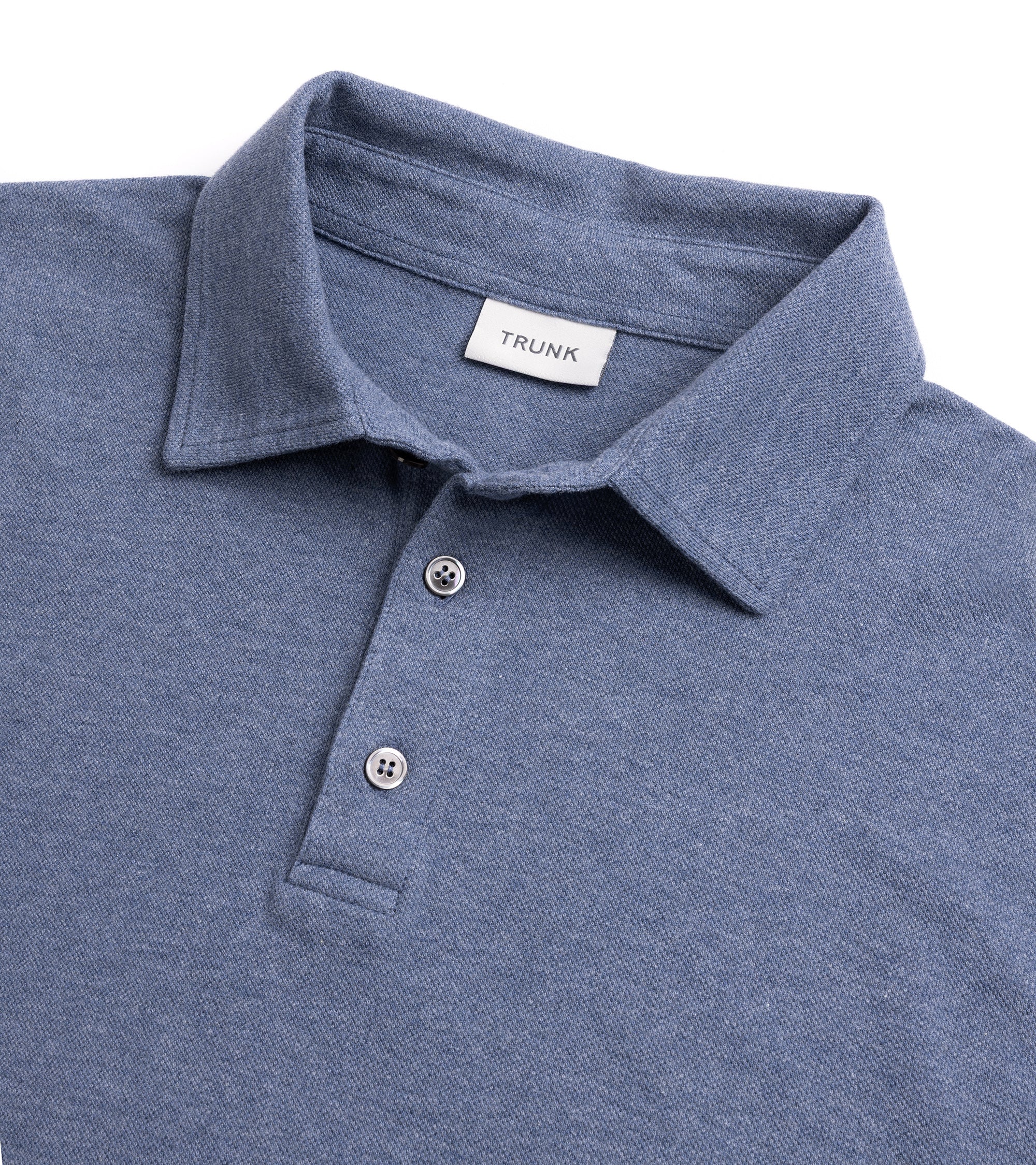Trunk Moxon long sleeve polo shirt in blue marl, back view.