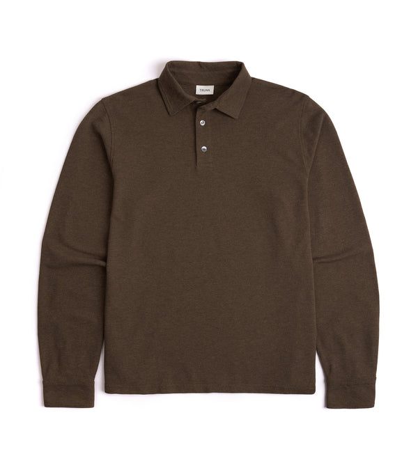 Trunk Moxon long sleeve polo shirt in brown marl, front view.