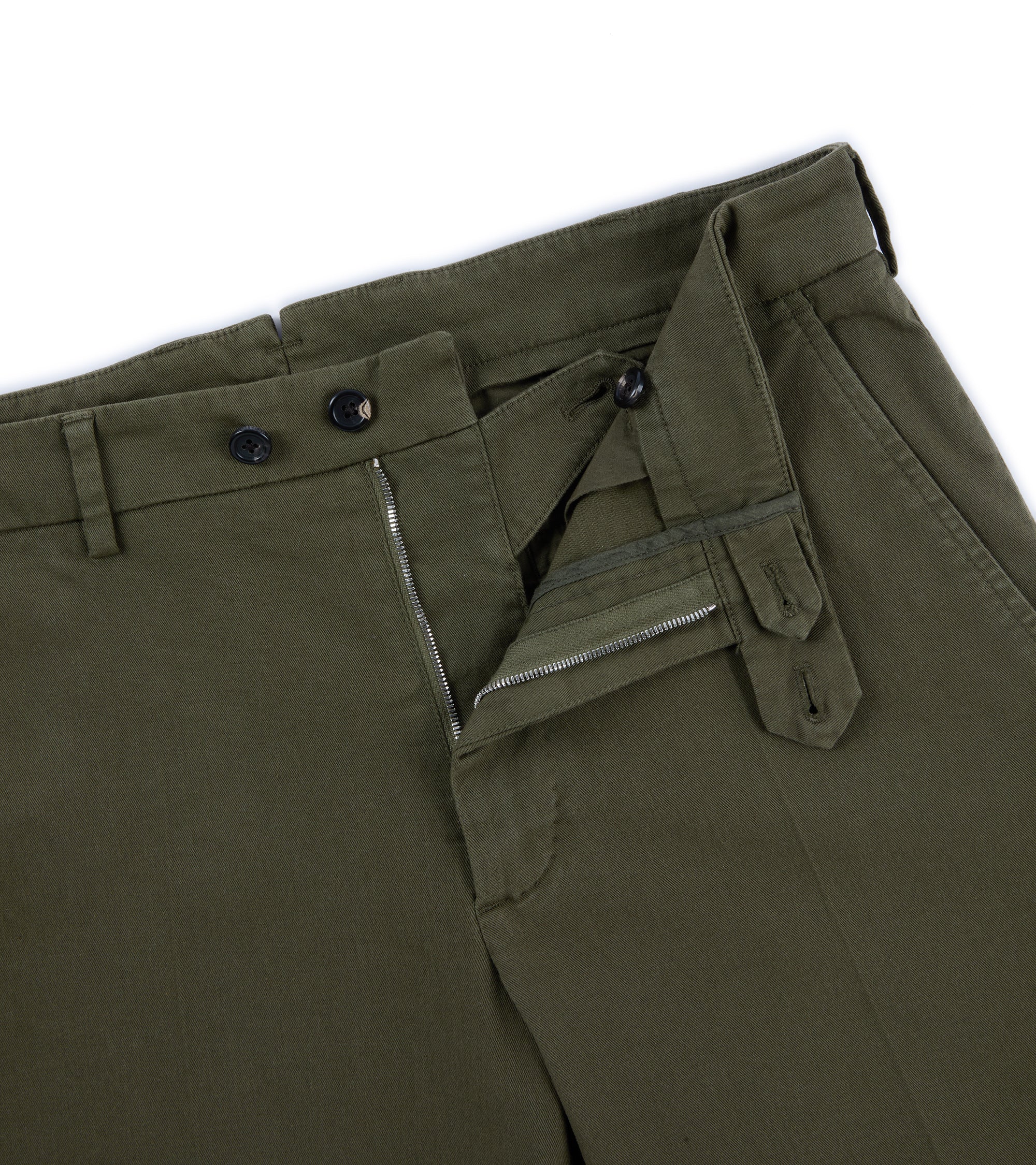 Trunk Palmer flat front trousers in olive, back view.