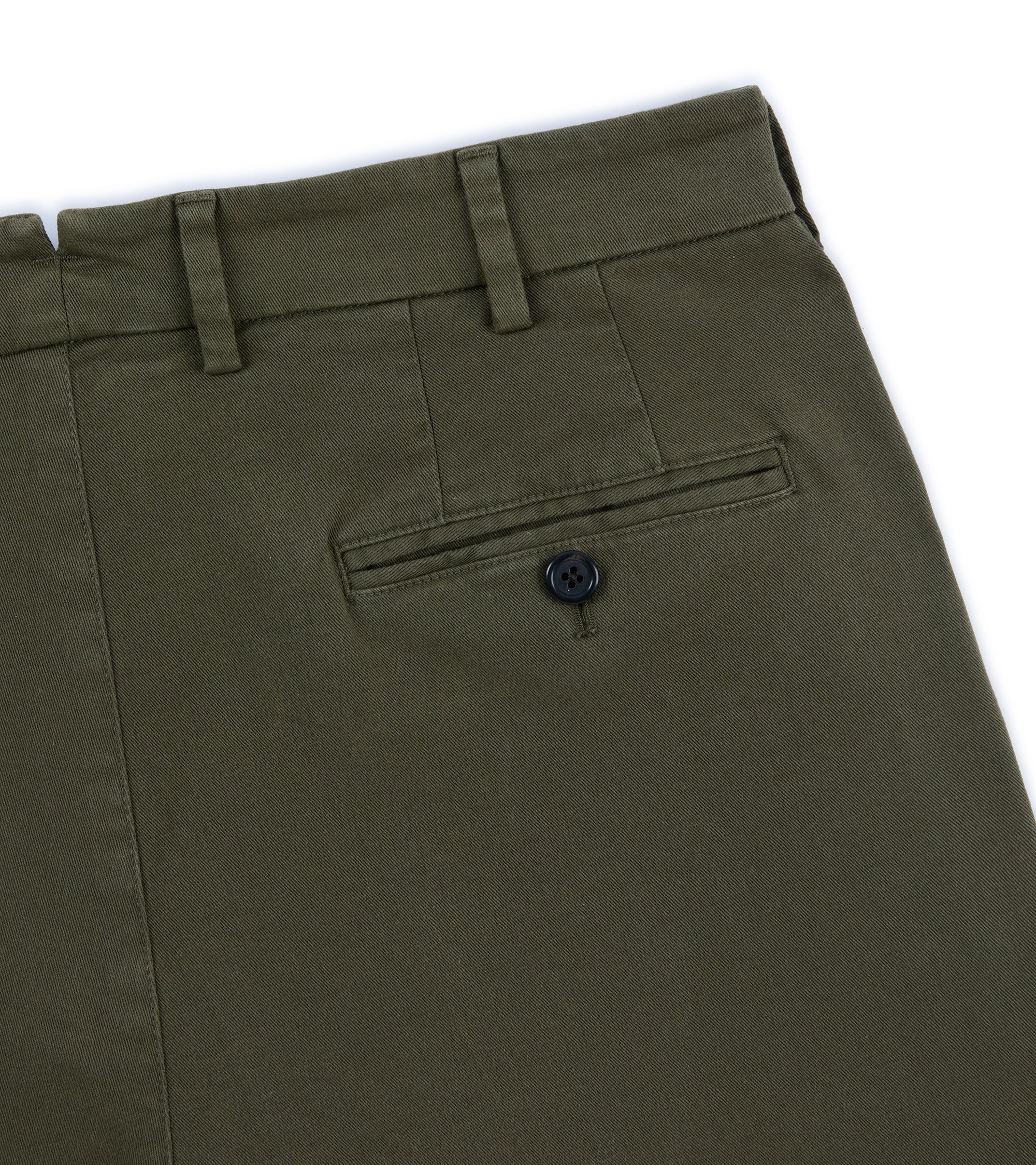 Trunk Palmer flat front trousers in olive, fabric detail.