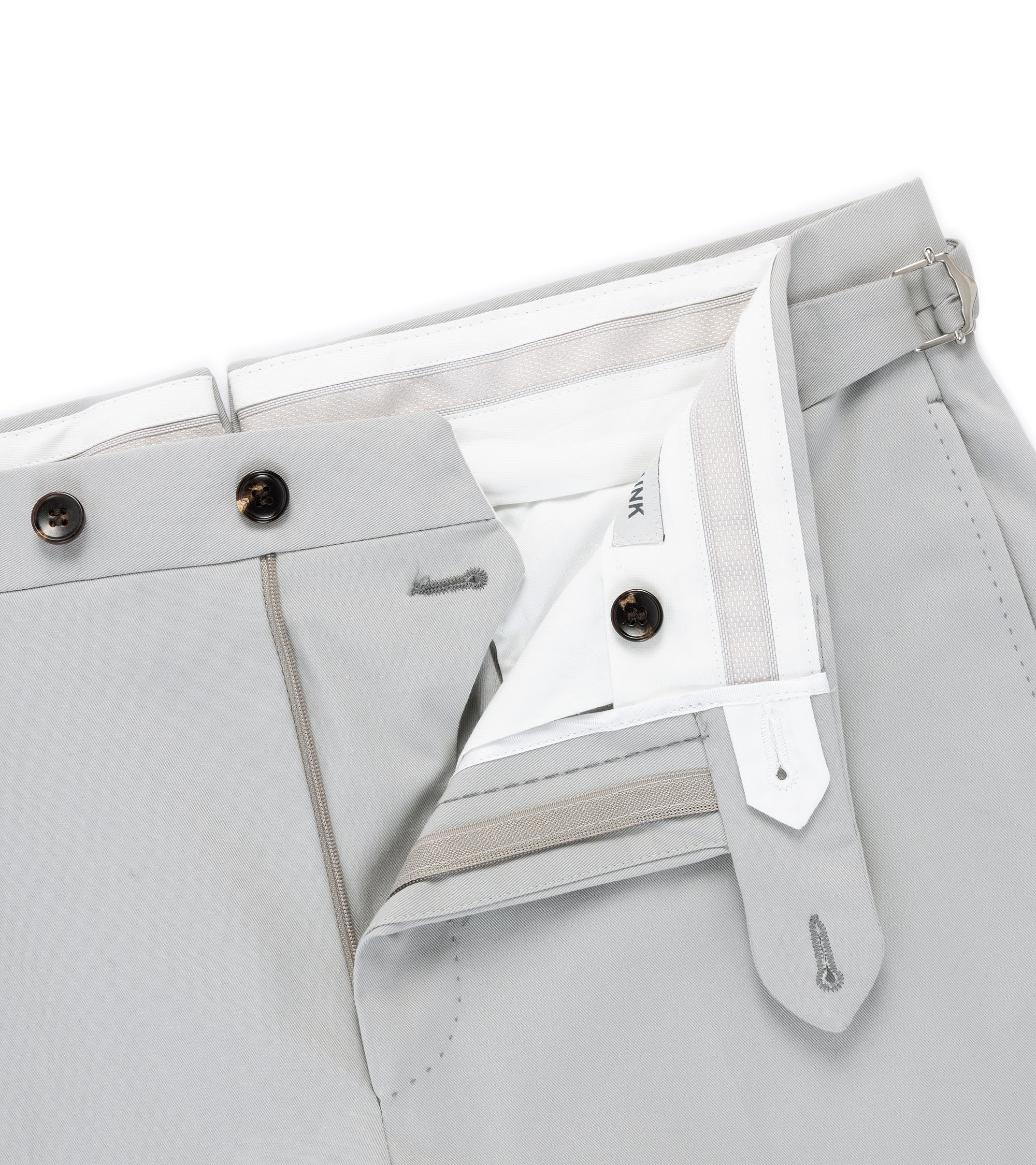 Trunk Walbrook cotton tailored trousers in light grey, close-up of the waistband and pocket.
