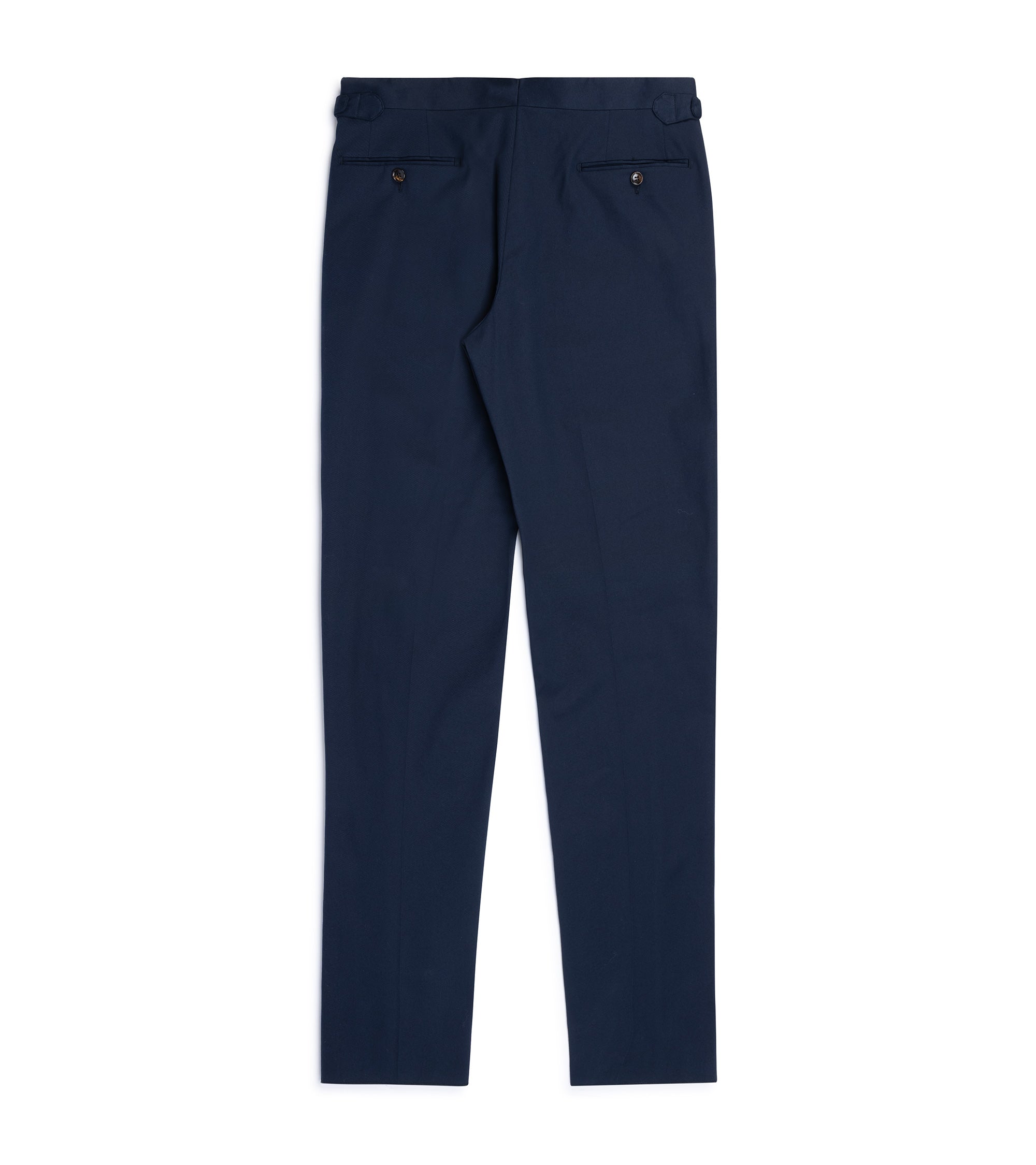 Trunk Walbrook cotton tailored trousers in navy, back view.