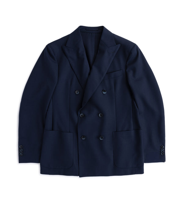 Trunk Webb double breasted jacket in navy tropical wool, front view.