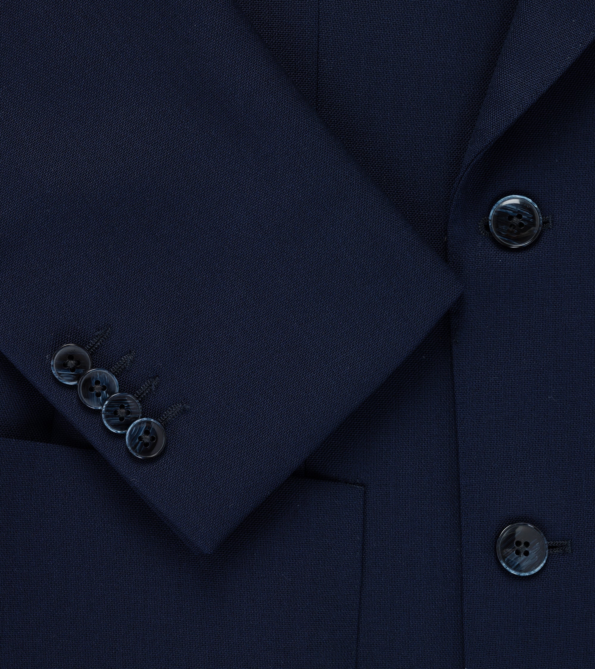 Trunk Webb double breasted jacket in navy tropical wool, fabric detail.